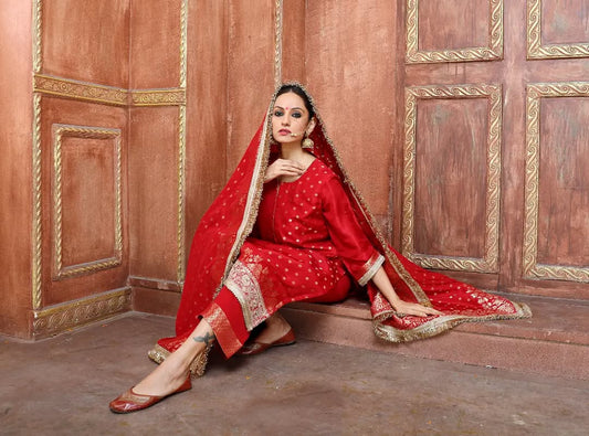 Red Banarasi Silk Suit with Zari Detailing