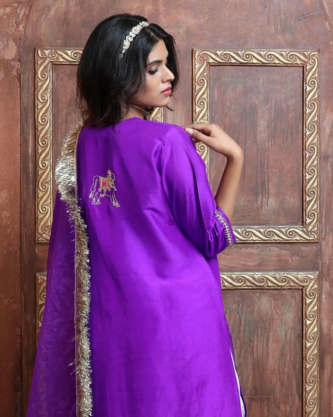 Dupion Silk Kurta Set with Hand Embroidered Nandi Motif