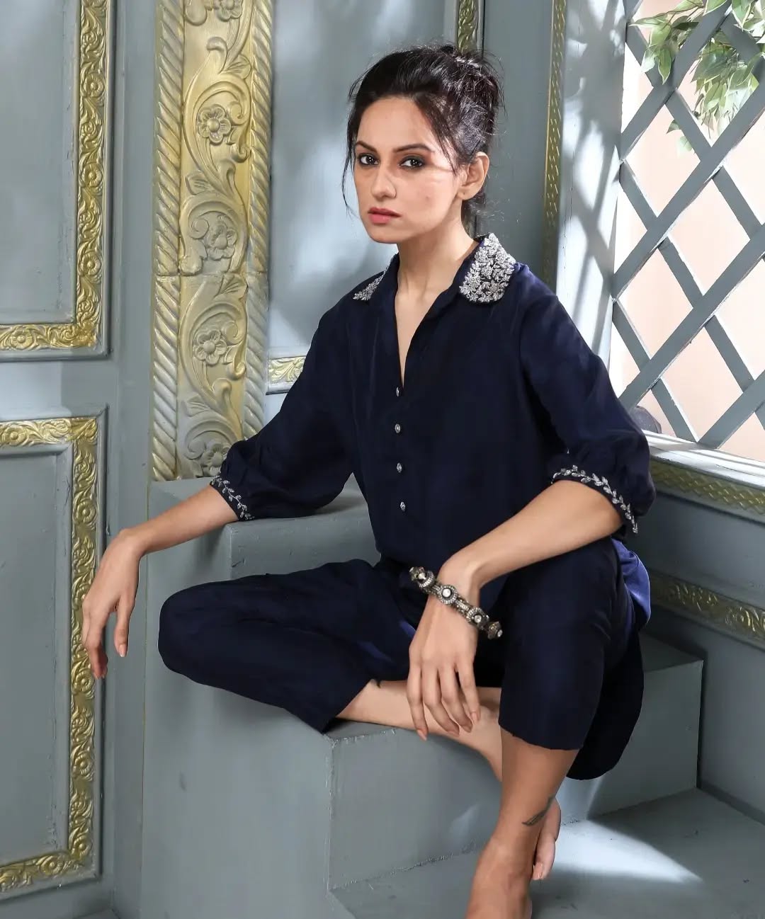 Black Silk Shirt Set with Zardosi Embroidered Collar