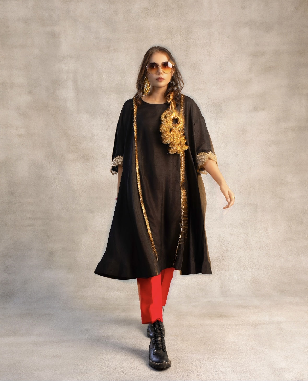 Midnight Noir Kurta Set with Statement Gold Embroidery
