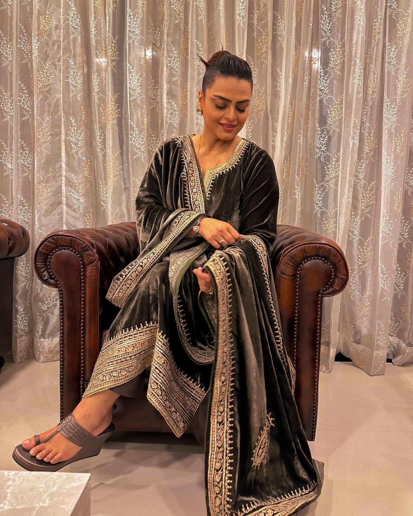 Embroidered Velvet Kurta Set with Dupatta