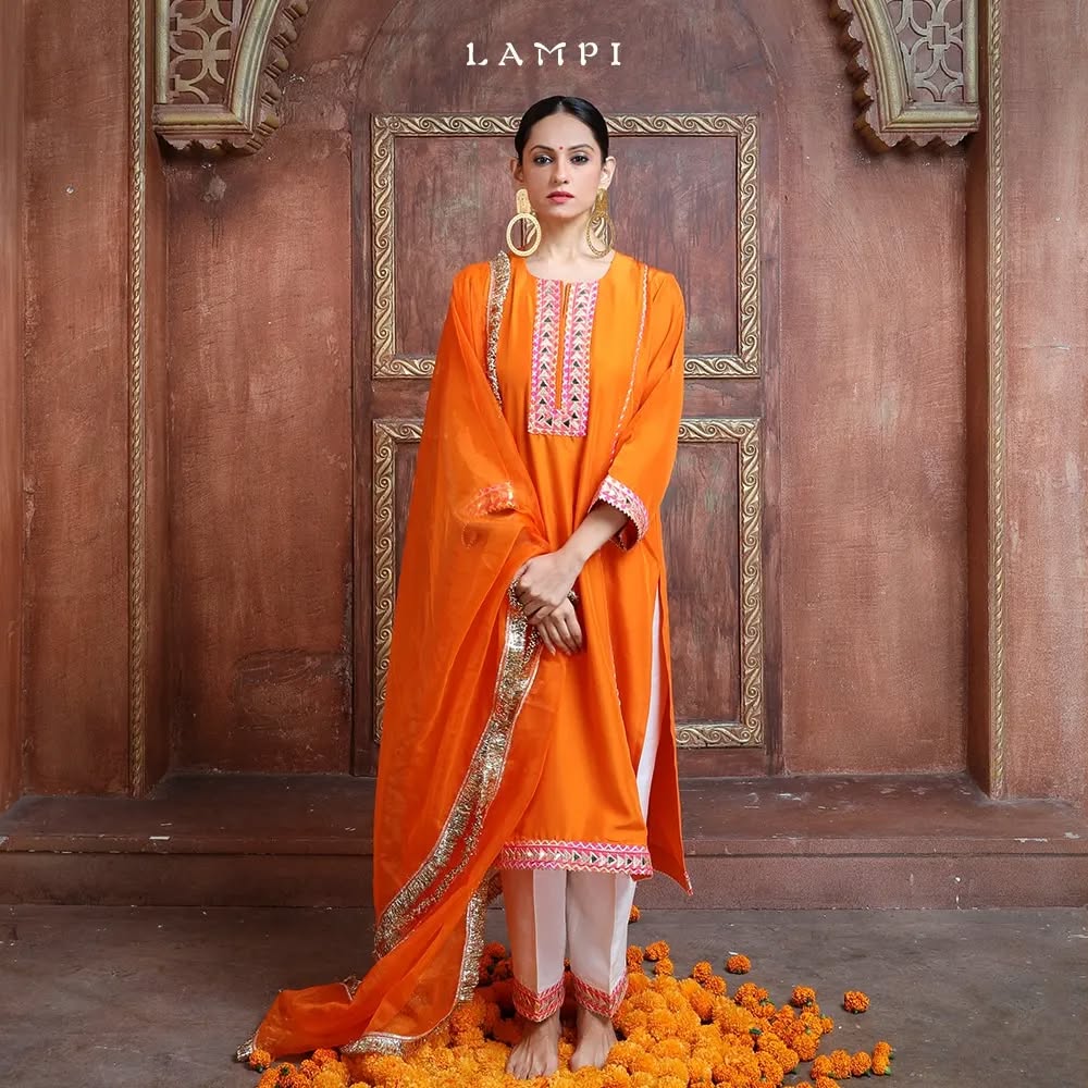 Lampi – Orange Ivory Silk Kurta Set with Gota Lampa Border