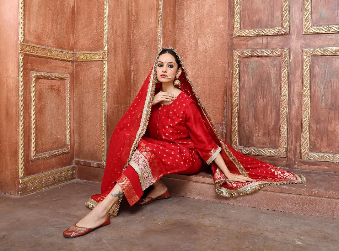 Red Banarasi Silk Suit with Zari Detailing