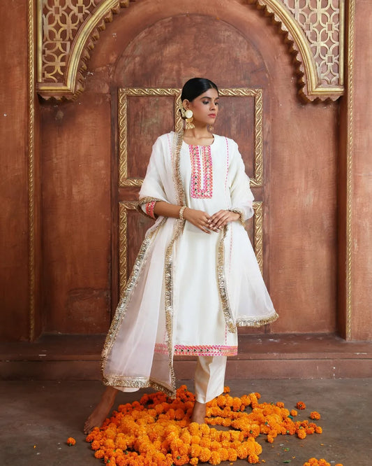 White Silk Kurta Set with Delicate Detailing