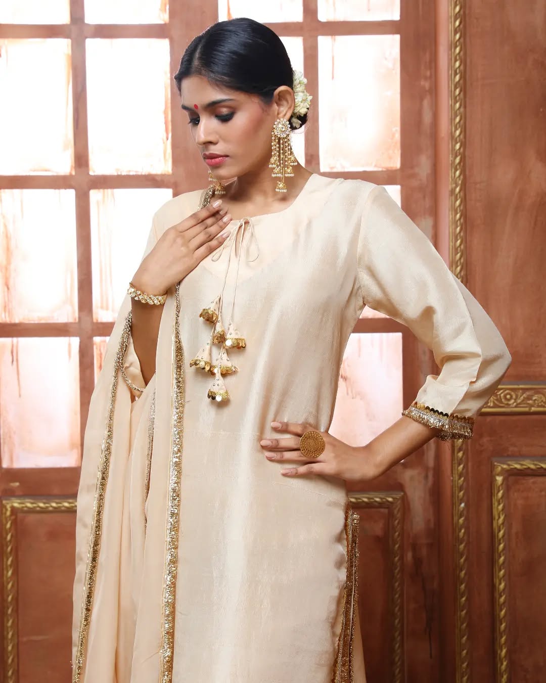 Orange Monochrome Silk Kurta Set with Gota Lampa Border