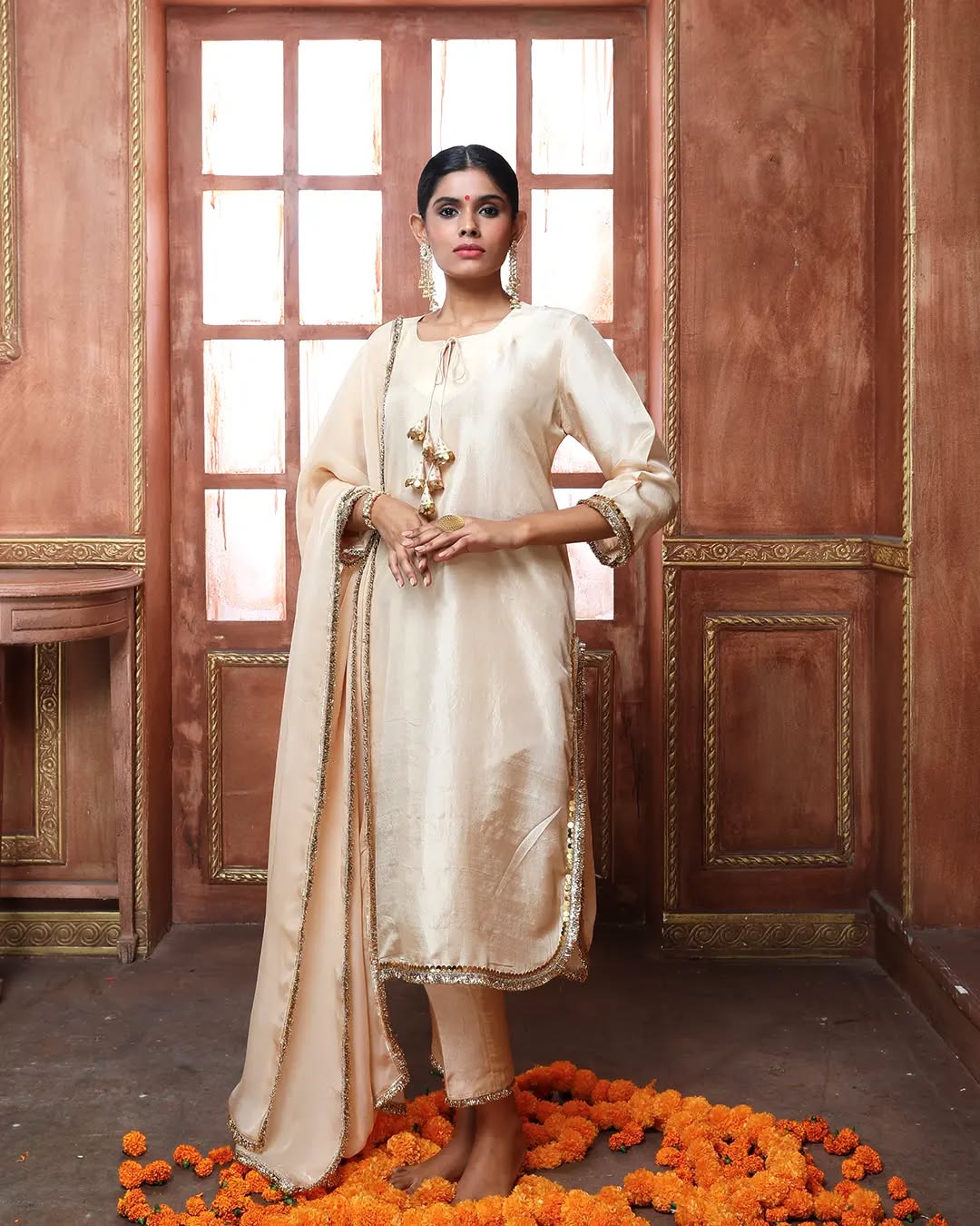 Orange Monochrome Silk Kurta Set with Gota Lampa Border