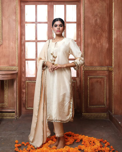 Orange Monochrome Silk Kurta Set with Gota Lampa Border