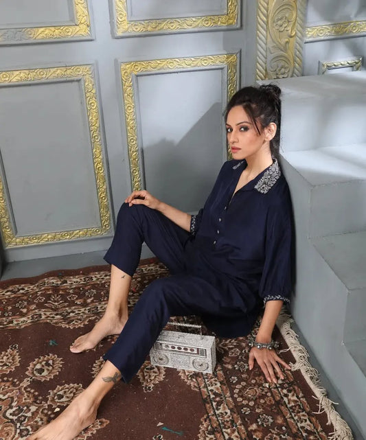 Black Silk Shirt Set with Zardosi Embroidered Collar