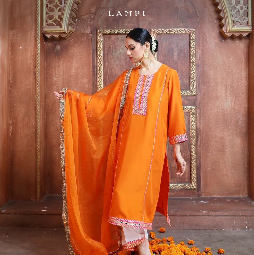Lampi – Orange Ivory Silk Kurta Set with Gota Lampa Border