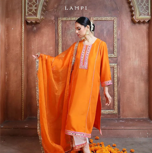 Lampi – Orange Ivory Silk Kurta Set with Gota Lampa Border