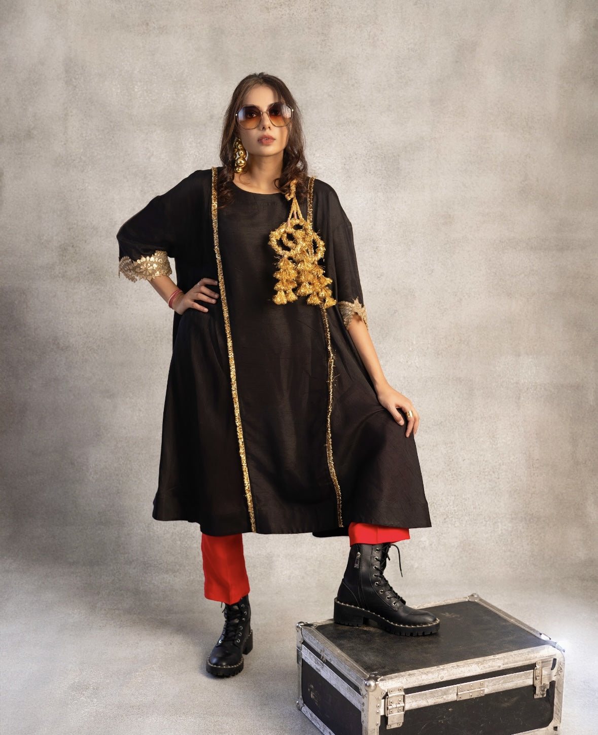 Midnight Noir Kurta Set with Statement Gold Embroidery
