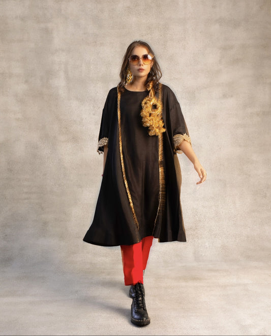 Midnight Noir Kurta Set with Statement Gold Embroidery