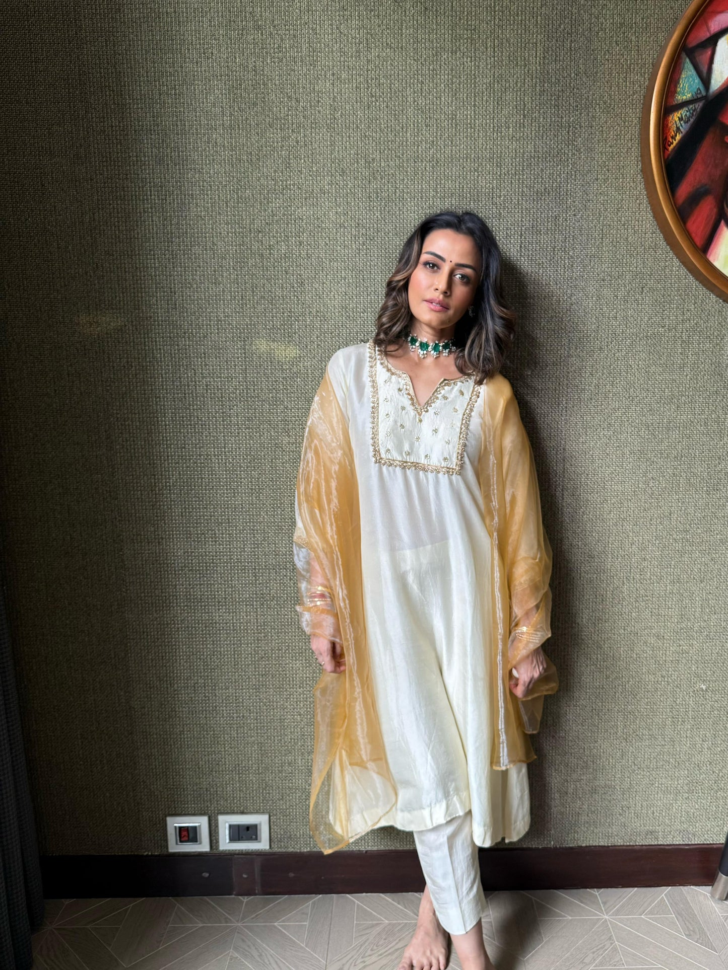 Ivory & Gold Embroidered Kurta Set with Sheer Dupatta