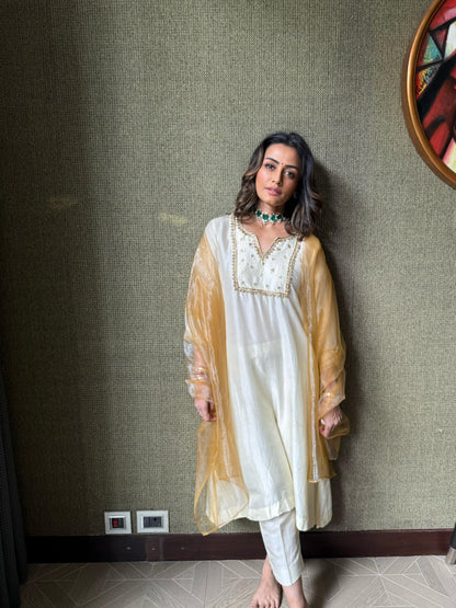 Ivory & Gold Embroidered Kurta Set with Sheer Dupatta