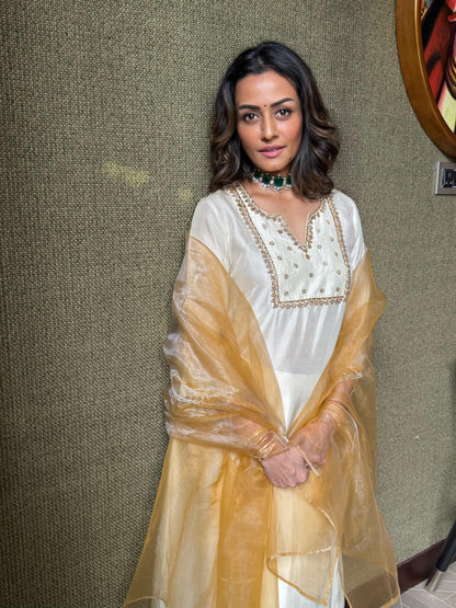Ivory & Gold Embroidered Kurta Set with Sheer Dupatta
