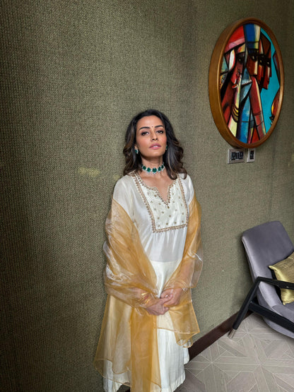 Ivory & Gold Embroidered Kurta Set with Sheer Dupatta