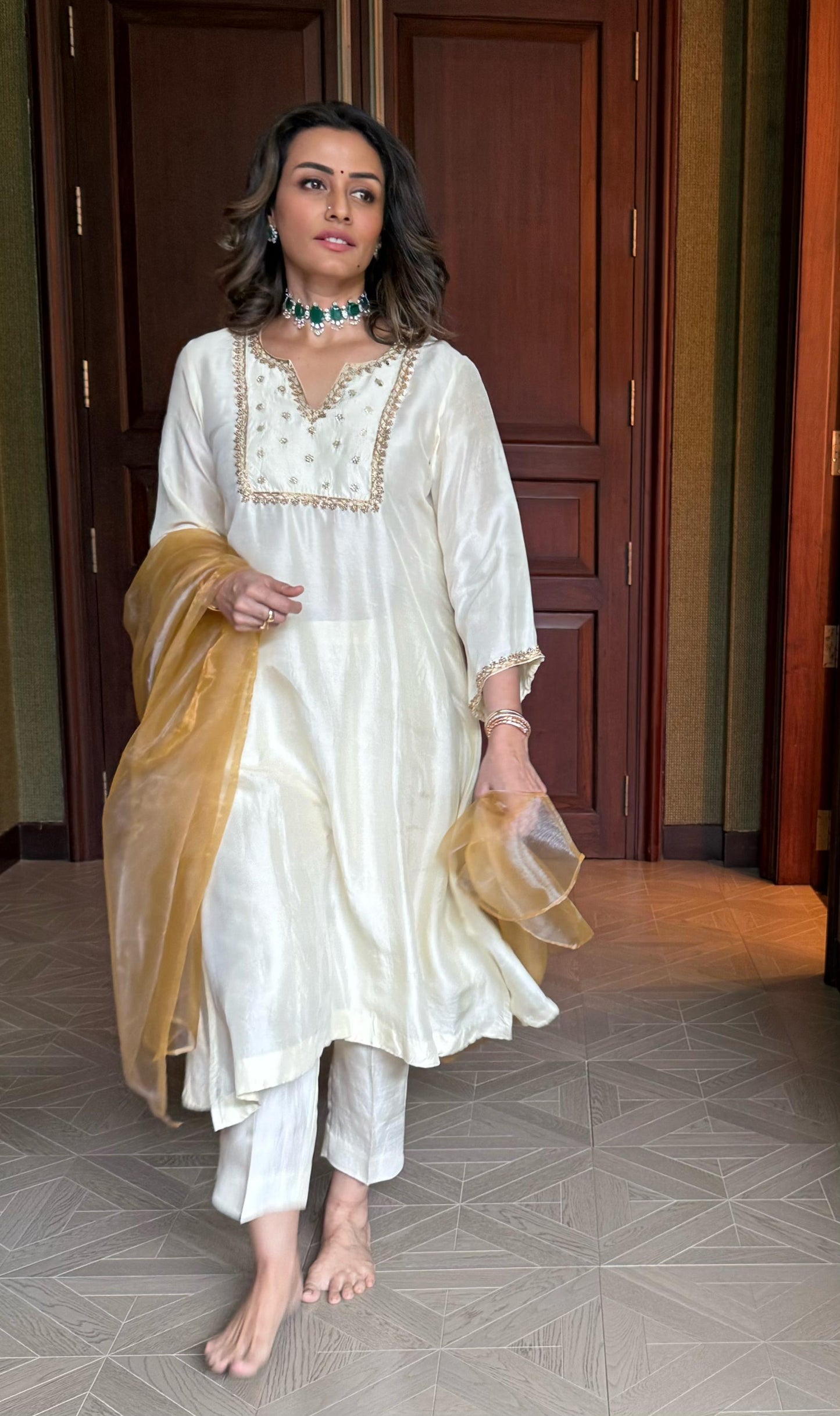 Ivory & Gold Embroidered Kurta Set with Sheer Dupatta