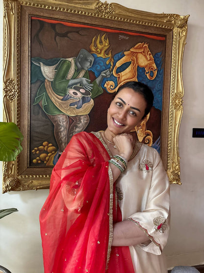 More ~ Peacock Beige Silk Set with Organza Dupatta