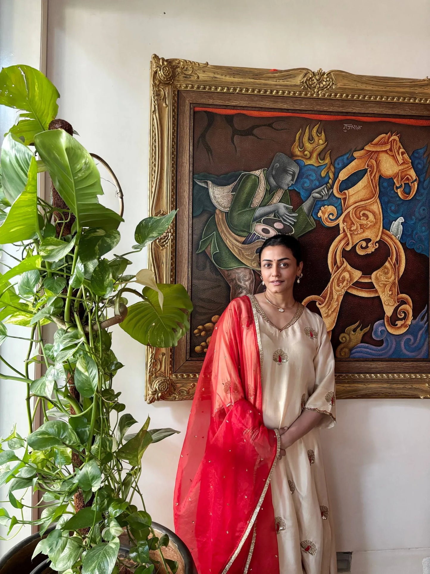 More ~ Peacock Beige Silk Set with Organza Dupatta