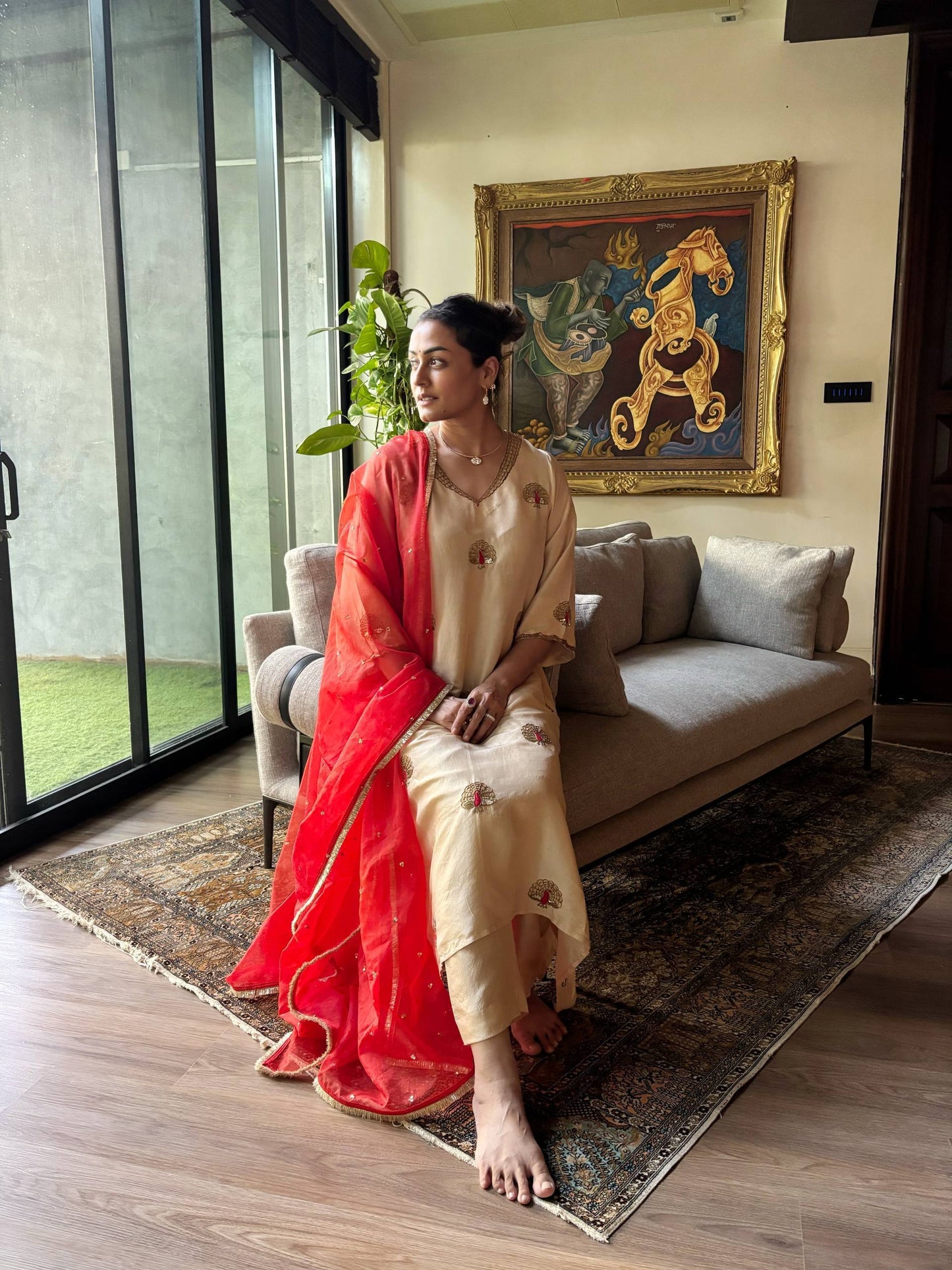 More ~ Peacock Beige Silk Set with Organza Dupatta