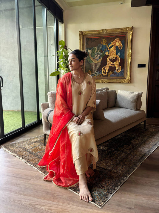 More ~ Peacock Beige Silk Set with Organza Dupatta